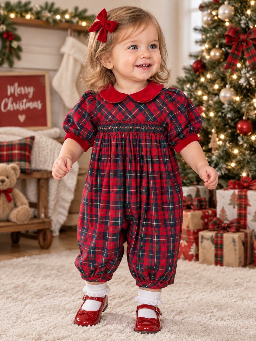Vintage Talbots Kids 18M Red Green Plaid Tartan Romper Jumpsuit Velvet Collar